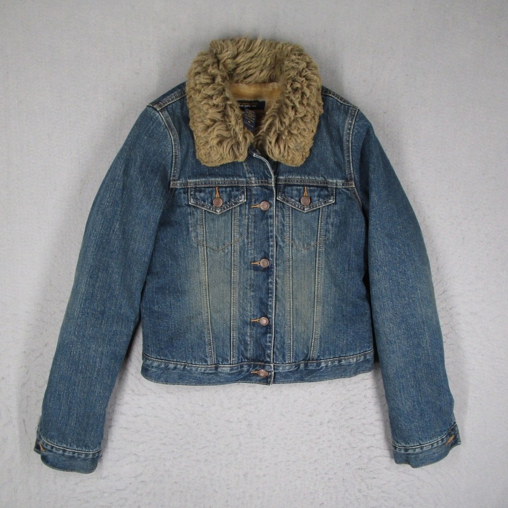 Abercrombie & Fitch Faux Fur Collar Denim Jacket Medium Wash Blue Womens M Y2K